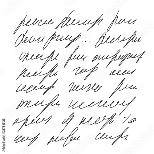 Handwritten scribble ink letter. Freehand text note. Unreadable doodle write by pencil isolated on white background. Illegible cursive script message. Vector hand drawn illustration.