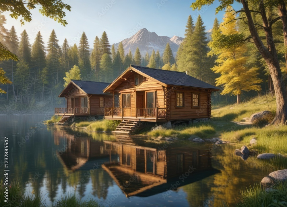 Fototapeta premium Sunny windows of wooden cabins overlooking a tranquil lake, wooden windows, serene environment, reflective surface