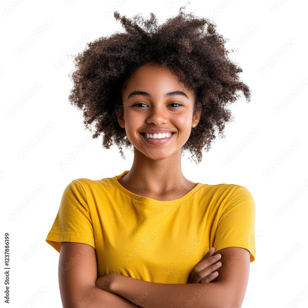 A portrait of a happy young woman with an afro hairstyle, wearing a yellow t-shirt, and arms crossed. A portrait of a happy young woman with an afro hairstyle, wearing a yellow t-shirt, and arms crossed.