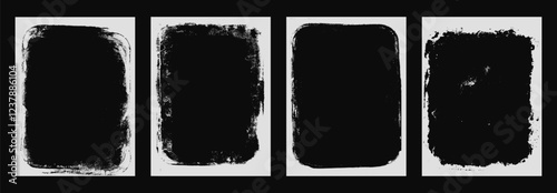 Photo grunge frames set template. Ink paint edges punk border for poster and banner. Retro textured overlays. Rectangular old white abstract flyer backgrounds. Vector design illustration.