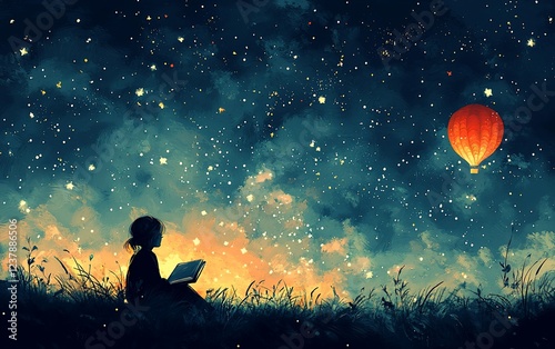 Girl reading book under starry night sky with hot air balloon.
