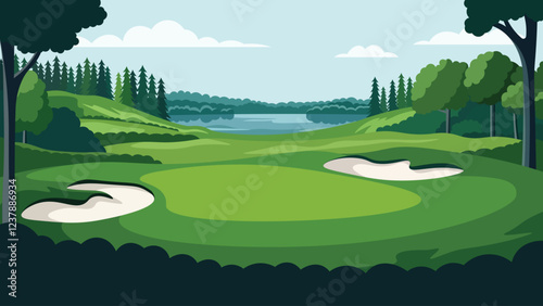 Beautiful Golf Sport Field Nature Landscape with Mountains View and Pine Trees in Bright Sky