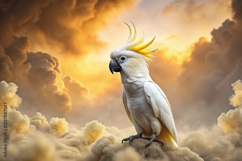 Fototapeta premium Majestic Sulphur-Crested Cockatoo Perched on a Cloud at Sunset, a Symbol of Freedom and Serenity