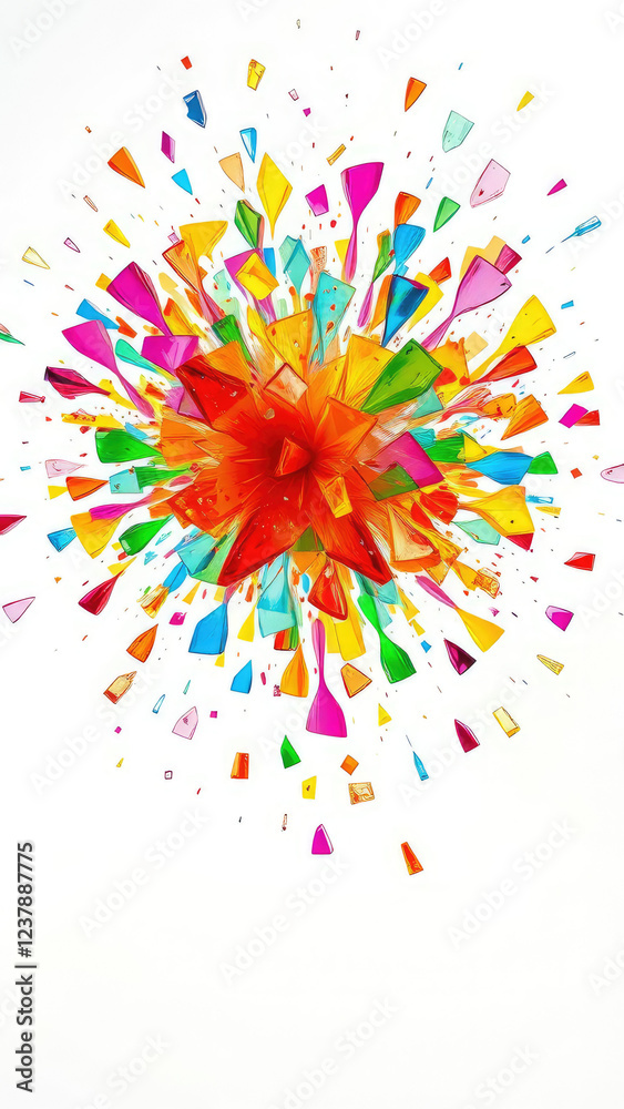 Tiny fragments of colored glass scatter across a pristine white background as vibrant hues burst forth in an explosive display, shattered fragments, bright lights Tiny fragments of colored glass scatter across a pristine white background as vibrant hues burst forth in an explosive display, shattered fragments, bright lights
