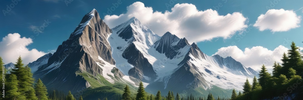Obraz premium Towering snowy mountain peak with lush green trees and soft white clouds drifting across the sky, snow, mountains
