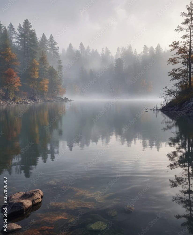 Fototapeta premium Tranquil lake scene under a soft gray mist with ripples, reflection, serenity