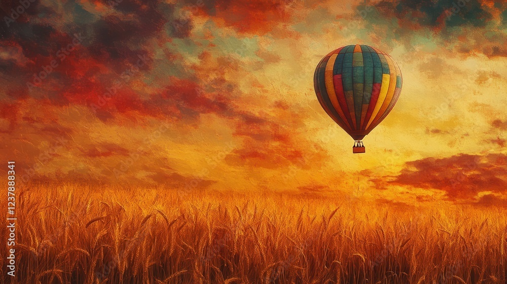 Obraz premium Colorful Hot Air Balloon Drifting Over Golden Fields