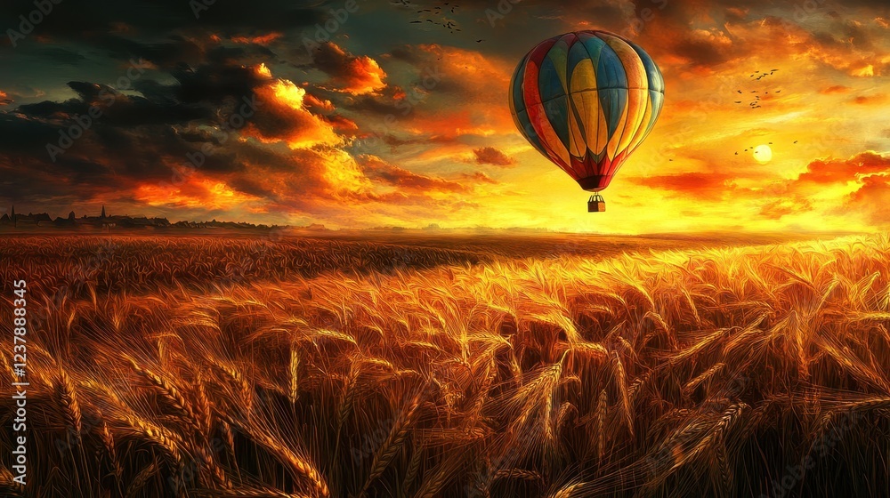 Obraz premium Colorful Hot Air Balloon over Golden Fields at Sunset