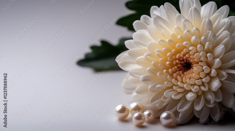 Elegant White Chrysanthemum with Pearls: A Still Life of Serenity and Purity Elegant White Chrysanthemum with Pearls: A Still Life of Serenity and Purity