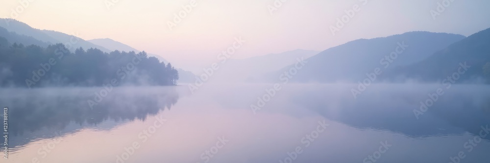 Fototapeta premium Morning foggy lake with a light gray sky and a violet wave in the distance, scenery, reflection, lake