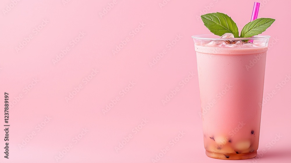 Pink Bubble Tea with Tapioca Pearls and Mint Garnish Pink Bubble Tea with Tapioca Pearls and Mint Garnish