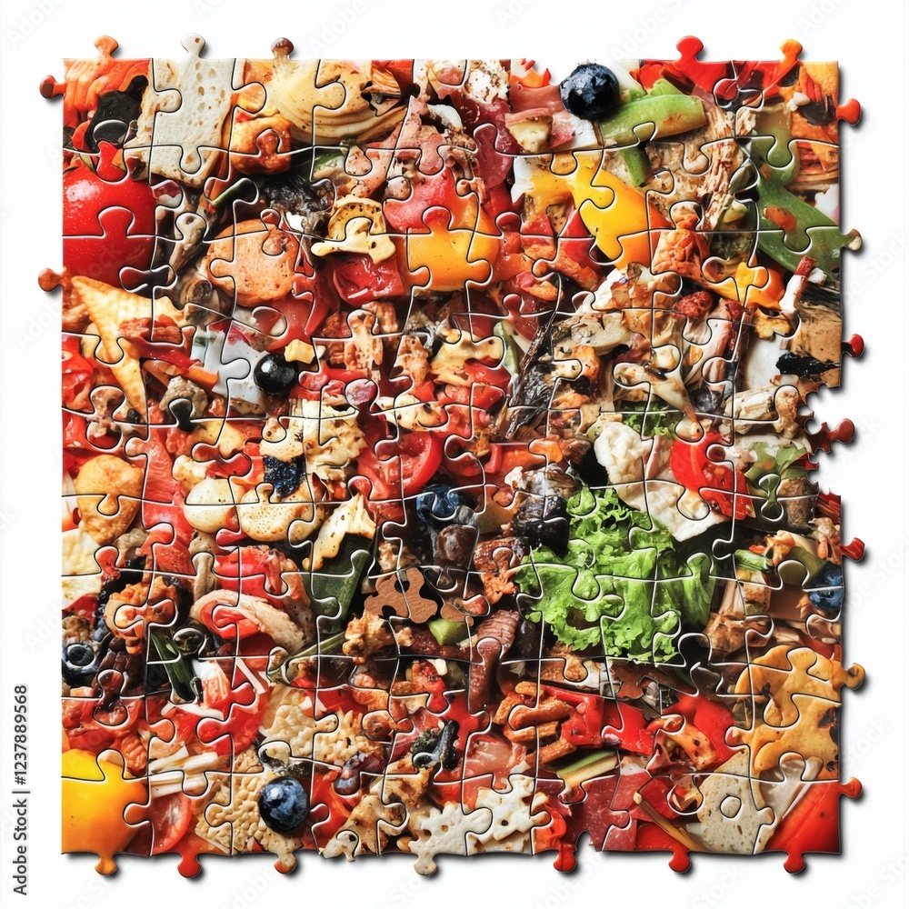 Naklejka premium Vibrant Puzzle Piece Arrangement Featuring Assorted Fresh Vegetables, Fruits, and Nuts on a White Background