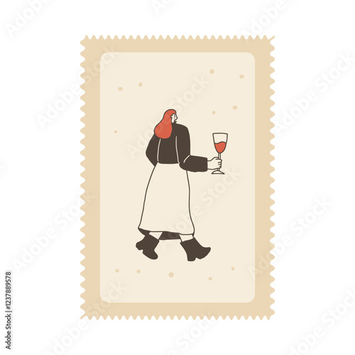 Wine lover on postal stamp. Tasting event square zigzag edges emblem. Party with alcohol drinks. Sommelier woman with wineglass visit a vineyard. Vector hand drawn doodle illustration.