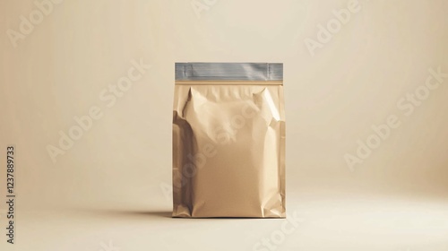 Isolated bakery packaging mockup featuring a chic paper bag, transparent plastic wrap, and refined label design shot against a minimalist neutral backdrop for impactful branding display. photo