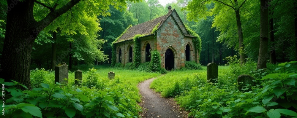 Obraz premium Overgrown graveyard surrounding the ancient church, abandonment, nature, decay