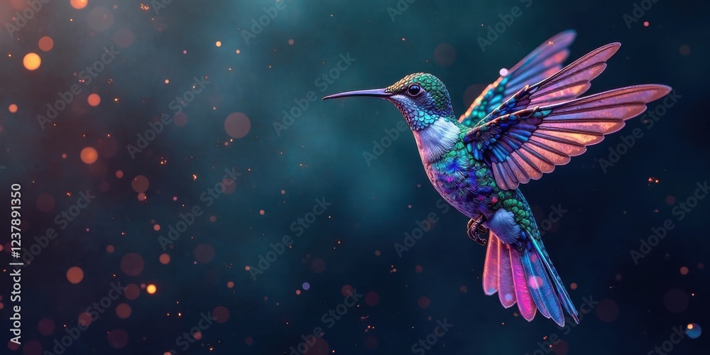Fototapeta premium A Vibrant Hummingbird in Flight, Surrounded by Sparkling Dust and Glimmering Lights