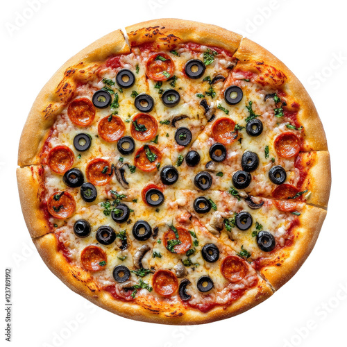 A whole pepperoni pizza with black olives and mushrooms is shown, sliced into eight pieces.