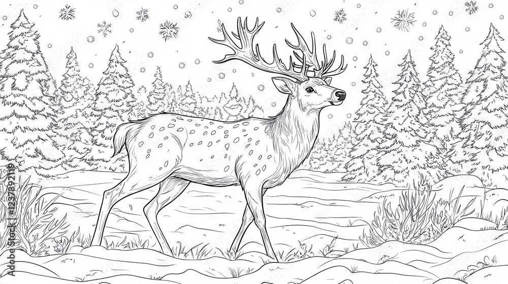 A deer happily prancing through the snow, outlined for coloring. A festive Christmas and winter animal illustration A deer happily prancing through the snow, outlined for coloring. A festive Christmas and winter animal illustration