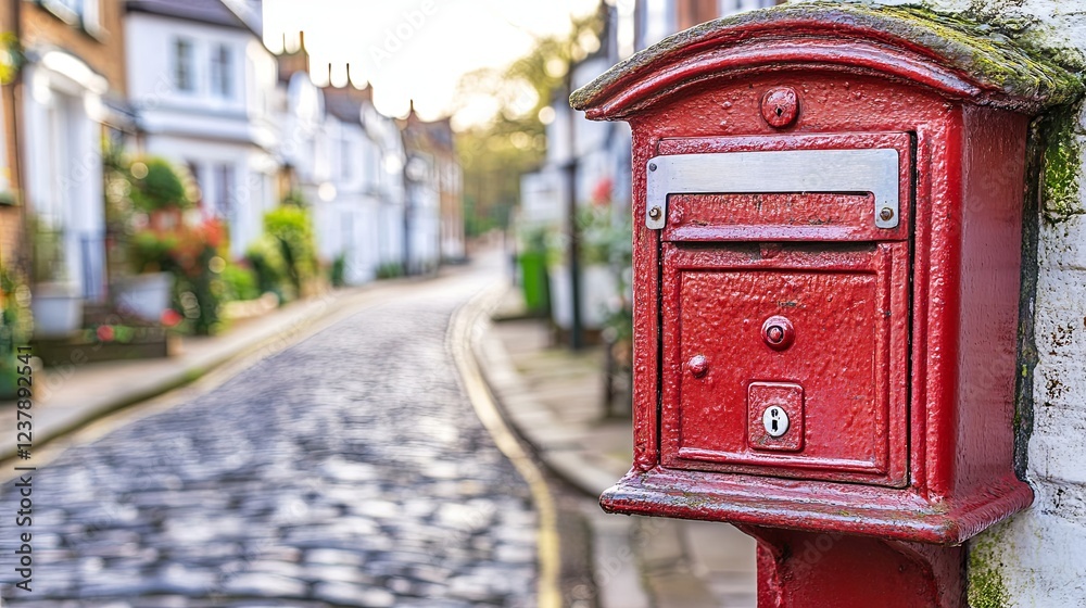Close-up of a Historic Red Mailbox on a British Street, Blurred Background of Victorian Buildings and Cobblestone Road, Emphasizing Vintage Charm
Close-up of a Historic Red Mailbox on a British Street, Blurred Background of Victorian Buildings and Cobblestone Road, Emphasizing Vintage Charm