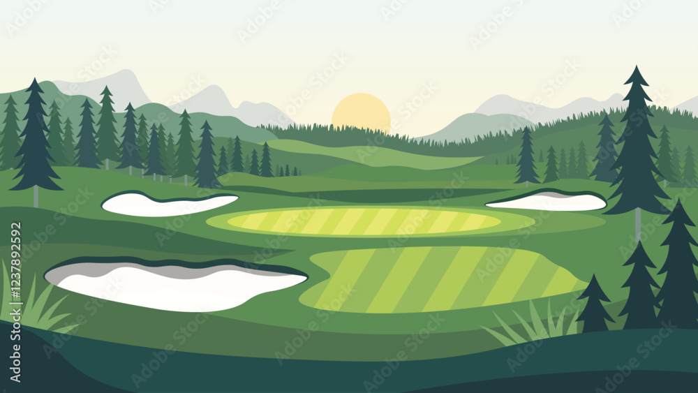 Obraz premium Golf Sport Field Nature Landscape with Mountains View in the Morning