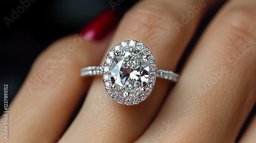 Oval diamond halo engagement ring on a finger.