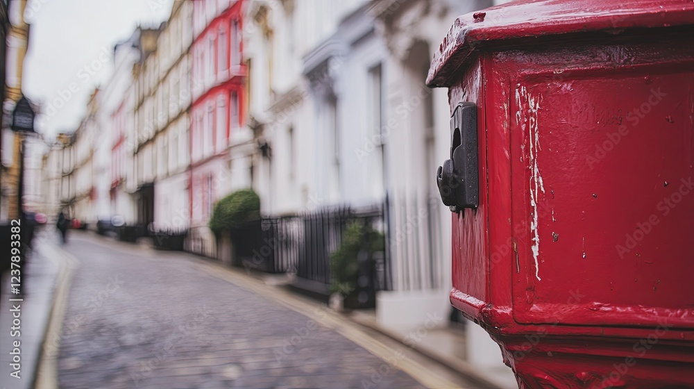 Close-up of a Historic Red Mailbox on a British Street, Blurred Background of Victorian Buildings and Cobblestone Road, Emphasizing Vintage Charm
Close-up of a Historic Red Mailbox on a British Street, Blurred Background of Victorian Buildings and Cobblestone Road, Emphasizing Vintage Charm