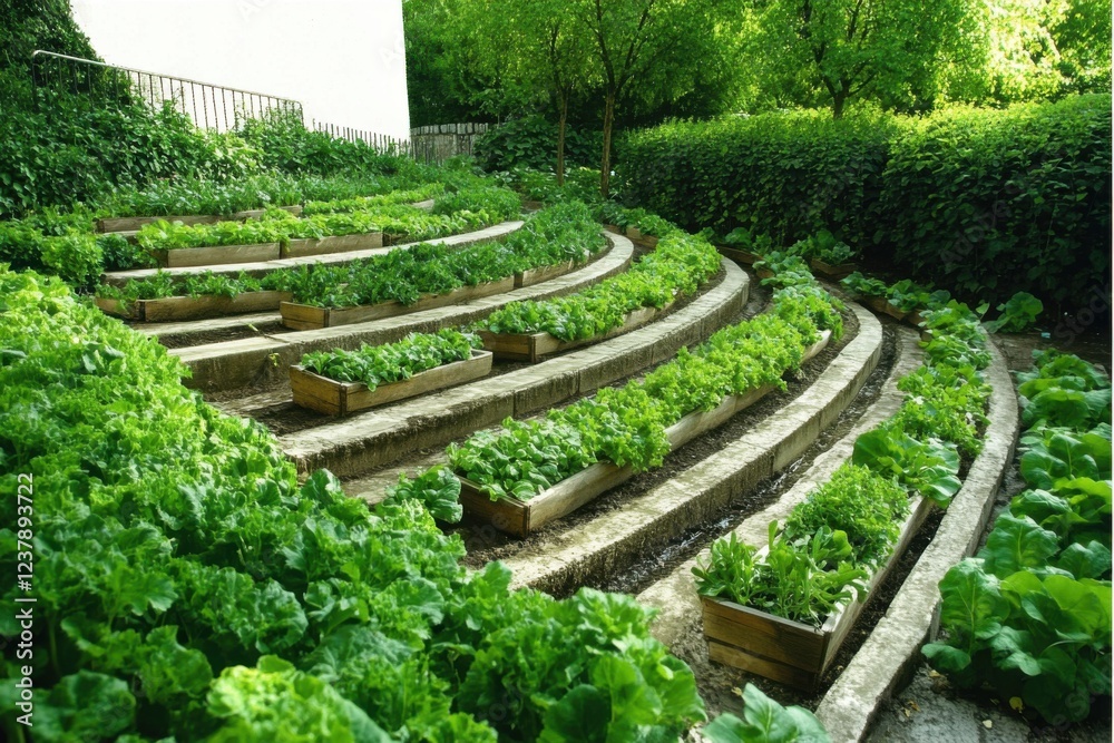 Minimalistic terrace garden with lush green vegetables for sustainable living design Minimalistic terrace garden with lush green vegetables for sustainable living design