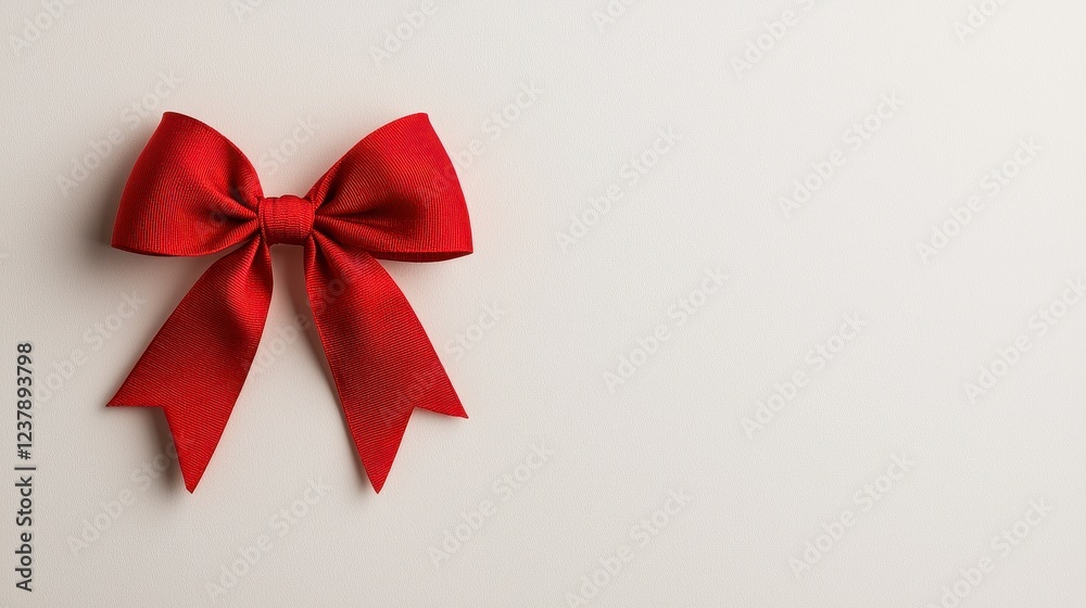 Red Ribbon Bow on Light Gray Textured Background Red Ribbon Bow on Light Gray Textured Background