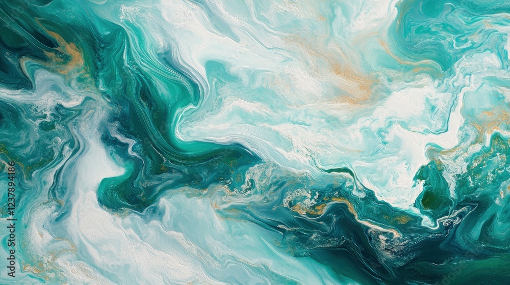 Obraz premium Aerial view of the swirling waters and frothy waves in an ocean, creating dynamic patterns of turquoise, green, and white, with a focus on texture and movement, 