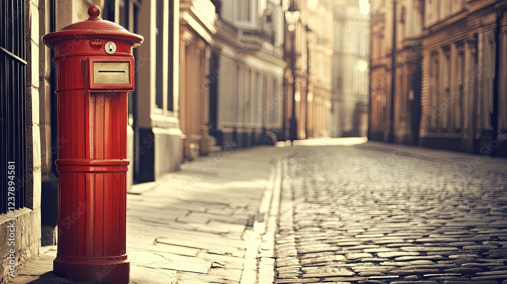Obraz premium Close-up of a Historic Red Mailbox on a British Street, Blurred Background of Victorian Buildings and Cobblestone Road, Emphasizing Vintage Charm 