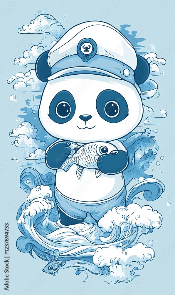 Obraz premium Cute Panda Sailor Holding Fish Ocean Waves Cartoon Illustration