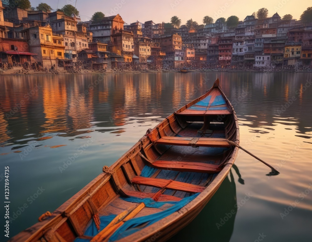 The Ganges River flowing through Banaras with a small wooden boat in the foreground, Trees, Serene Landscape The Ganges River flowing through Banaras with a small wooden boat in the foreground, Trees, Serene Landscape