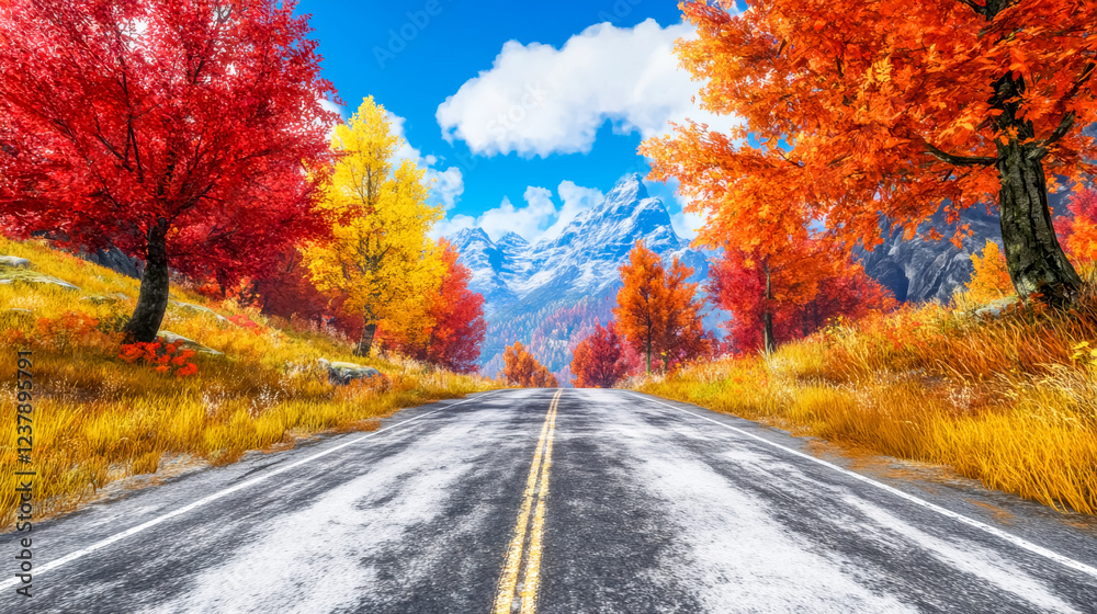 Fototapeta premium Deserted road leading to snowy mountains through vibrant autumn trees