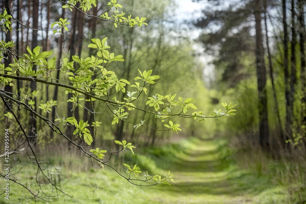 A medium shot of fresh young pine tree branches with leaves in a spring forest