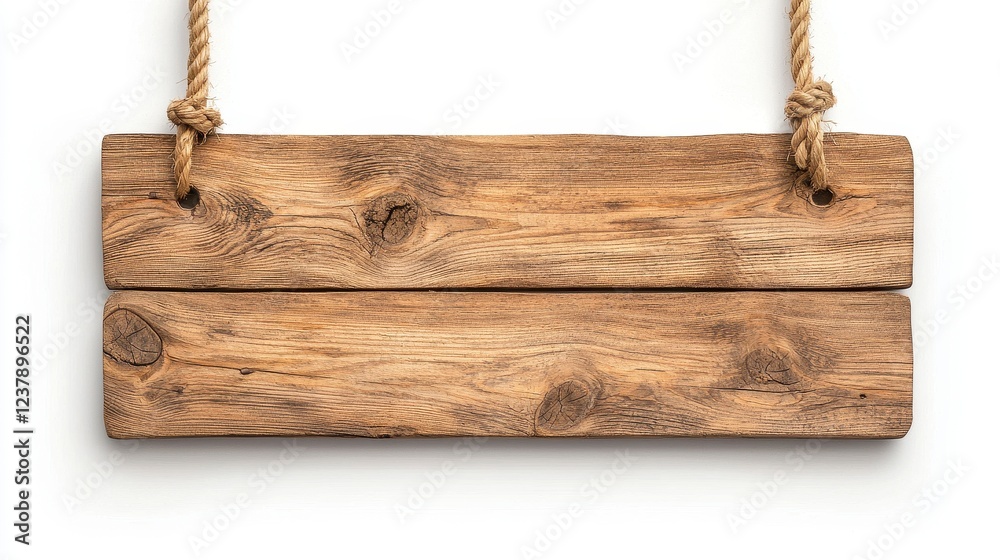 Rustic Brown Wooden Sign Hanging On Twine Against White Background Rustic Brown Wooden Sign Hanging On Twine Against White Background