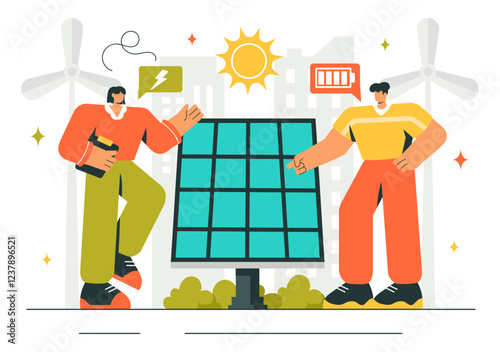 Solar Energy Installation Vector Illustration featuring a Home Service Team Maintaining Solar Panel or Wind Turbines for Electricity Network Operation