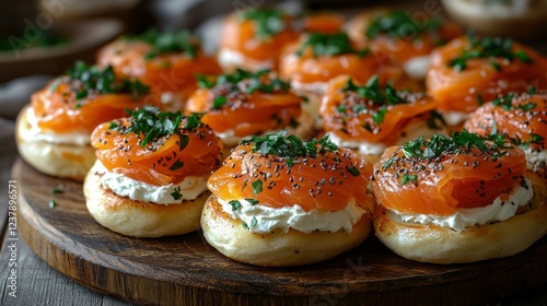 Gather around a wooden platter filled with perfectly baked bagels topped with smooth cream cheese, garnished with slices of smoked salmon and vibrant herbs. A true delight for brunch lovers