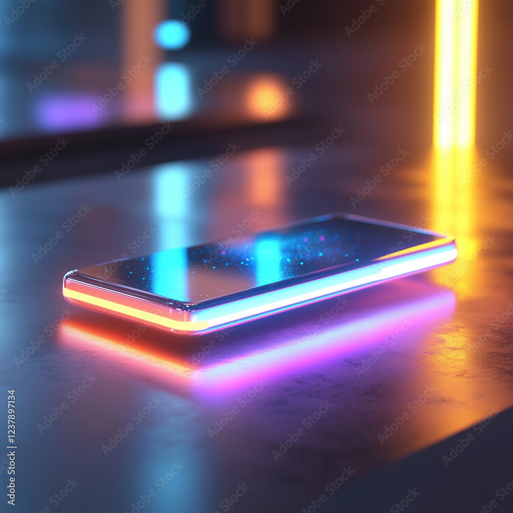 A modern smartphone on a table emits a neon holographic glow. Generated by artificial intelligence A modern smartphone on a table emits a neon holographic glow. Generated by artificial intelligence