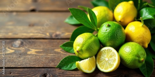 Limes and Lemons Resting on Rustic Wooden Surface with Lush Green Leaves © napak