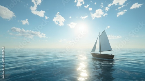 A boat sailing on a calm sea, with a bright sunny sky overhead.