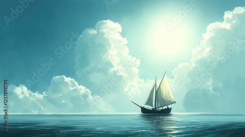 A boat sailing on a calm sea, with a bright sunny sky overhead.