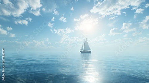 A boat sailing on a calm sea, with a bright sunny sky overhead.