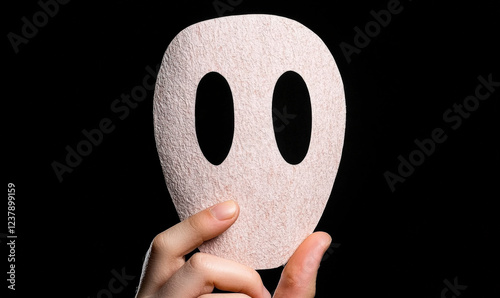 Hand Holding a Pale Ghostly Mask Against a Black Background Ideal for Halloween, Mystery, and Creative Art Concepts in Stock Photography photo