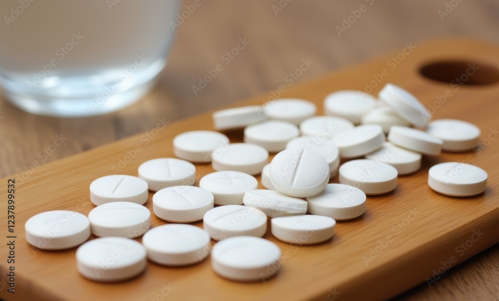 White tablets placed on a wooden surface White tablets placed on a wooden surface