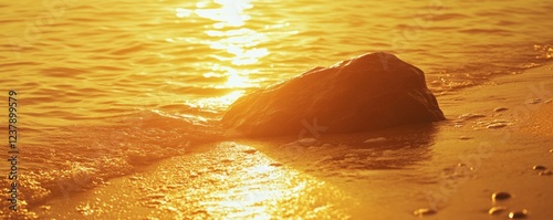 Golden Sunset at the Beach: A Serene Rock Meets the Ocean's Embrace