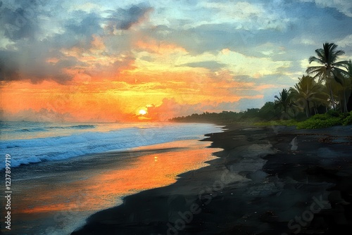 Serene Beach Sunset with Vibrant Colors and Tropical Palm Trees