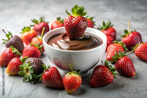 A delectable bowl of rich, creamy chocolate fondue, surrounded by ripe, juicy strawberries, ready for dipping and indulging in a sweet treat. photo