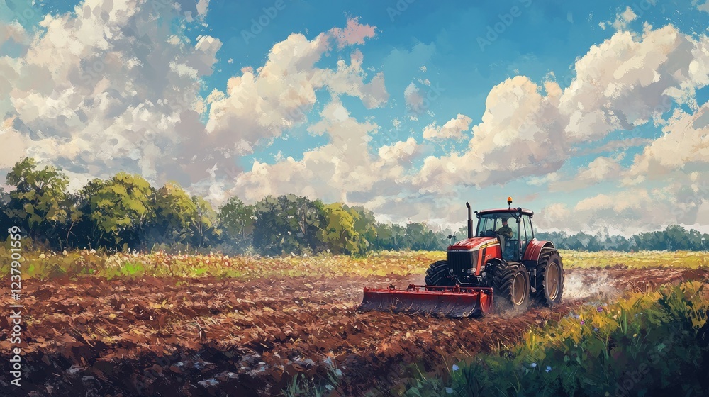 Fototapeta premium A farmer plowing a field with a tractor, preparing the soil for planting.