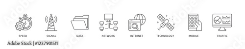 5G icon set flow process which consists of speed, signal, data, network, internet, technology, mobile and traffic icon live stroke and easy to edit .