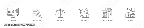 Accounting icon set flow process which consists of audit, analysis, balance, budget, calculation, and advice icon live stroke and easy to edit .